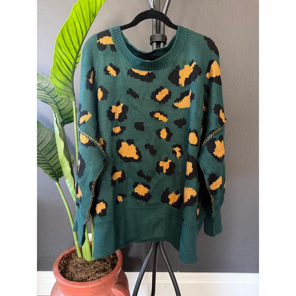 Dressed in Lala Oversized Leopard Sweater Green Mustard L/XL Cozy Chunky Knit